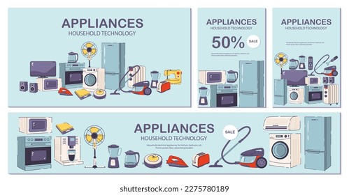 Aparatos domésticos y de cocina. Plantilla para banners, volantes, páginas de aterrizaje, afiches con dispositivos eléctricos. Ilustración vectorial plana