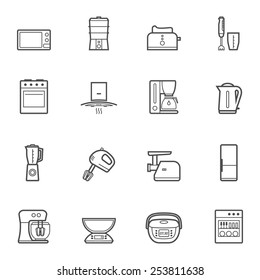 Household kitchen appliances vector line style isolated icon set and symbols