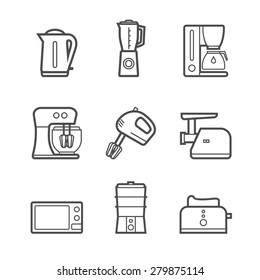 Household kitchen appliances vector line style isolated 9 items s icon set and symbols