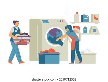 Household laundry and dry clean services employees at work with professional washing equipment, flat cartoon vector illustration isolated on white background.
