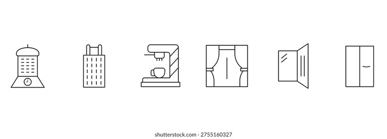 Household lifestyle and interior objects featuring lantern grater coffee machine window curtains mirror and wardrobe as icon vector illustration set