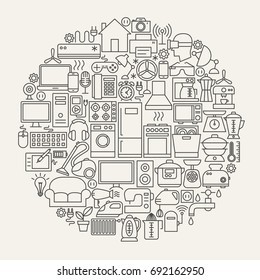 Household Line Icons Circle. Vector Illustration of Appliances Outline Objects.