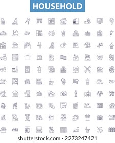 Household line icons, signs set. Home, Dwelling, Furniture, Appliances, Cleaning, Washing, Cooking, Decor, Supplies outline vector illustrations.