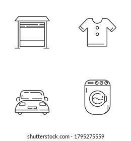 Lineare Icons für den Haushalt festgelegt. Offenes Garagentor für Parkplatz. Automobil auf der Vorderseite. Sauber T-T-Shirt. Anpassbare Dünnlinienkontursymbole. Einzige Vektorgrafik-Rahmenillustrationen. Bearbeitbarer Hub