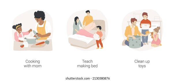 Household Maintenance Skills For Kids Isolated Cartoon Vector Illustration Set. Cooking With Mom, Teach Making Bed, Clean Up Toys, Homebased Daycare, Home Education, Kitchen Help Vector Cartoon.