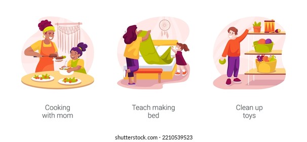 Household Maintenance Skills For Kids Isolated Cartoon Vector Illustration Set. Cooking With Mom, Teach Making Bed, Clean Up Toys, Homebased Daycare, Home Education, Kitchen Help Vector Cartoon.