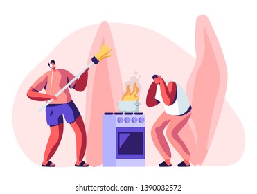 Household Male Character Housekeeping. Frightened Man Stand at Oven with Burning Fire in Pan, Guy in Headset Listening Music and Dancing with Broom while Cleaning Home Cartoon Flat Vector Illustration