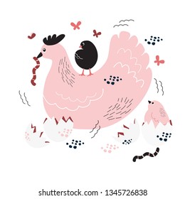 Household mama chicken and kids chickens set flat cartoon style. Birds - female and chicks. Isolated farm animals, birds on white background. 2
