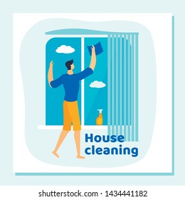 Household Man Housekeeping Process. Everyday Routine of Home Duties and Chores, Houseworking Character Cleaning House, Wiping and Washing Window with Rag. Cartoon Flat Vector Illustration, Banner