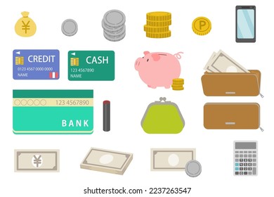 Household management,money related illustration set (money, savings,credit,passbook)