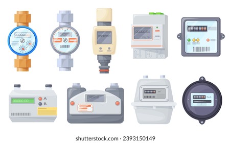 Household meters. Gas water electric counter for smart accounting rate power consumption, industry home measure equipment gauge energy supply control panel neat vector illustration of meter water