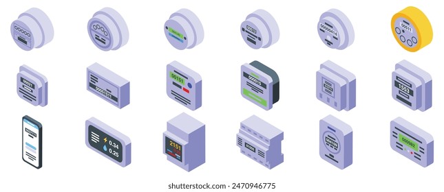 Household meters icons isometric set vector. A collection of electronic devices including a cell phone, a clock, and a digital scale. The devices are all white and arranged in a grid