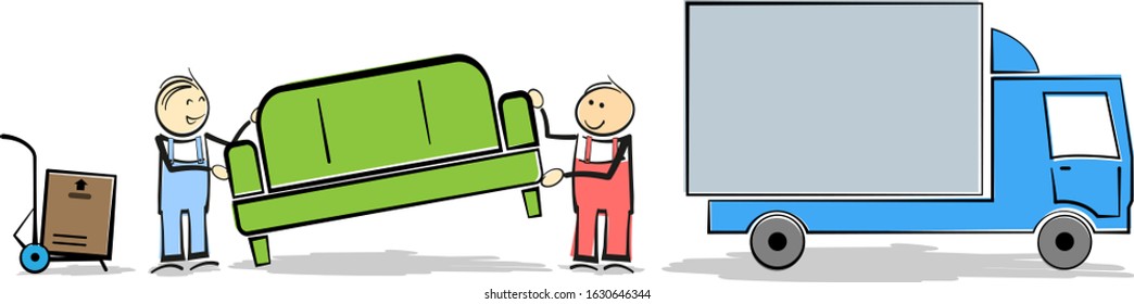 household moving concept with stickman workers transporting furniture and boxes to or from truck vector illustration