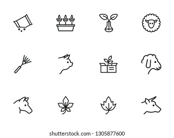 Household and nature icons. Set of line icons on white background. Animal, grocery, equipment. Housekeeping concept. Vector illustration can be used for topics like nature, homegrown