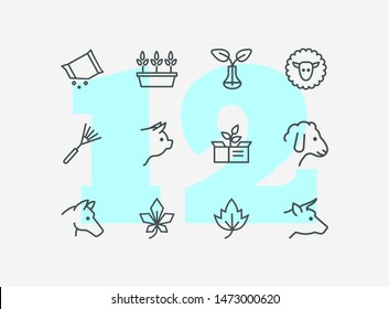 Household and nature icons. Set of line icons on white background. Animal, grocery, equipment. Housekeeping concept. Vector illustration can be used for topics like nature, homegrown