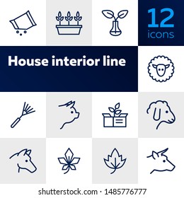 Household and nature icons. Set of line icons on white background. Animal, grocery, equipment. Housekeeping concept. Vector illustration can be used for topics like nature, homegrown