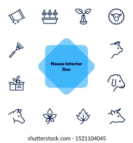 Household and nature icons. Set of line icons on white background. Animal, grocery, equipment. Housekeeping concept. Vector illustration can be used for topics like nature, homegrown