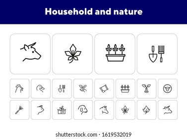 Household and nature icons. Set of line icons on white background. Animal, grocery, equipment. Housekeeping concept. Vector illustration can be used for topics like nature, homegrown