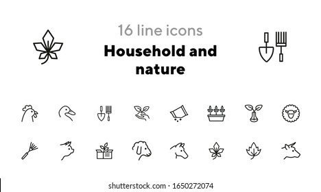 Household and nature icons. Set of line icons on white background. Animal, grocery, equipment. Housekeeping concept. Vector illustration can be used for topics like nature, homegrown