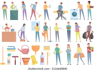 Household occupations icons set cartoon vector. Clean surface. Sanitary hygiene