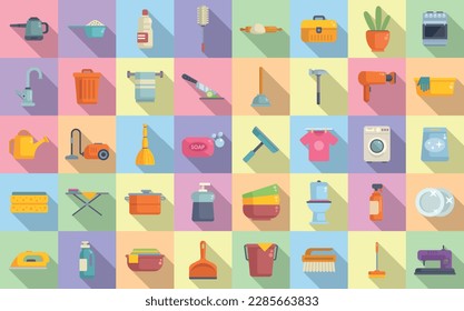 Household occupations icons set flat vector. Clean surface. Dish washing