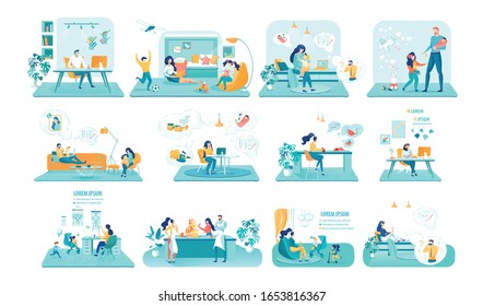 Household Occupations Vector Illustrations Set. Young Men and Women, Mothers and Fathers Cartoon Characters. Freelance Work, Side Jobs at Home and Household Business design elements pack