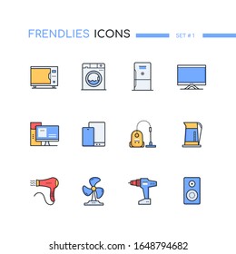 Household and office appliances computers - line design style icons set with blue, red, yellow color filling. Workplace and home related objects. Kitchen, bathroom elements, computer, TV, smartphone