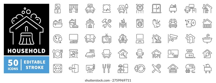 Household outline icon set: editable stroke thin line icons for home appliances and furniture