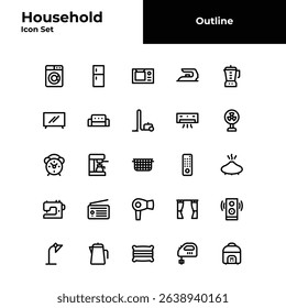 Household outline icon set, Object black line icon set.