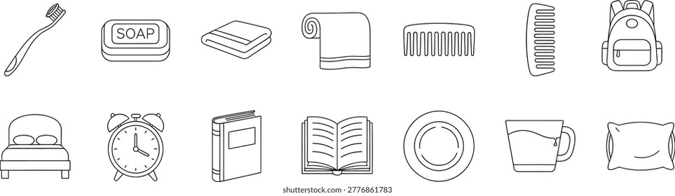 Household personal item line art icons collection for everyday use