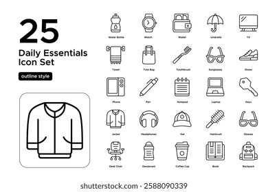 Household and Personal Items. Kitchenware, Electronics, and Clothing Icons. Vector Illustration. Outline icon set