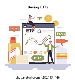 Household and personal products industry online service or platform. Washing supplies and self care production. Buying ETFs. Flat vector illustration