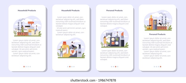 Household and personal products industry sector of the economy mobile application banner set. Washing supplies and cleaning materials for bathroom and self care production. Flat vector illustration