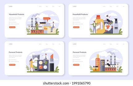 Household and personal products industry sector of the economy web banner or landing page set. Washing supplies and cleaning materials for bathroom and self care production. Flat vector illustration