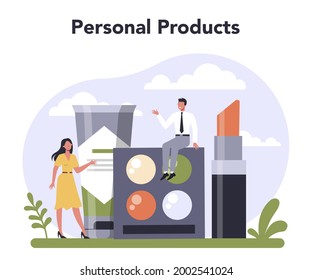 Household and personal products industry sector of the economy. Washing supplies and cleaning materials for bathroom and self care production. Flat vector illustration