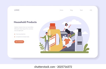 Household and personal products industry sector of the economy web banner or landing page. Washing supplies and cleaning materials for bathroom and self care production. Flat vector illustration