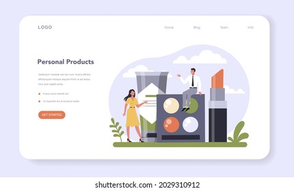 Household and personal products industry sector of the economy web banner or landing page. Washing supplies and cleaning materials for bathroom and self care production. Flat vector illustration