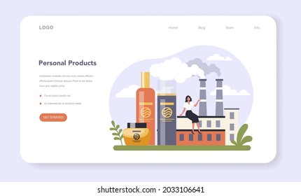 Household and personal products industry sector of the economy web banner or landing page. Washing supplies and cleaning materials for bathroom and self care production. Flat vector illustration