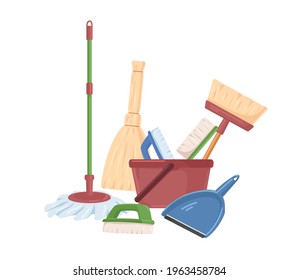 Household plastic tools such as broom, mop, bucket, scoop and brushes for cleanup. Manual domestic supplies for sweeping and cleaning. Colored flat vector illustration isolated on white background