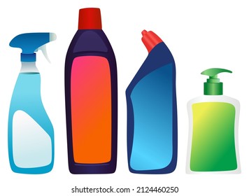 household product vector drawing on isolated white background set spray cleaner liquid soap clean kitchen bathroom glass concept kill germs bacteria surface sterilizer floor antibacterial illustration