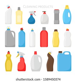 Household products bottles. Vector house cleaning plastic packing set, detergent cleaner housekeeping objects isolated on white background