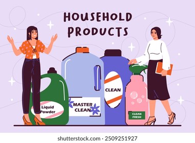 Household products concept. Women with detergents and sprays. Cleanliness and hygiene. Girls with domestic household hores and routine. Flat vector illustration isolated on violet background