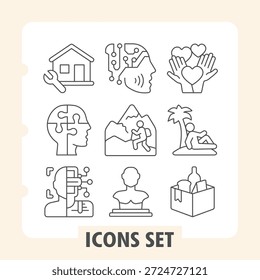 Household, puzzle head, chat bot simple icons set depicting real estate, travel, home items in outline style for web apps and print on white background. Vector graphics. Set of nine thin line icons