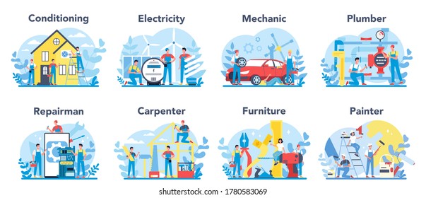 Household and renovation profession set. Home Master. Repairman, carpenter, mechanic, painter, plumber, canditioning, furniture master electrician service. Isolated flat vector illustration