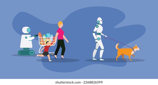 household robot assistant helping people doing chores 2d vector illustration concept for banner, website, illustration, landing page, flyer, etc.