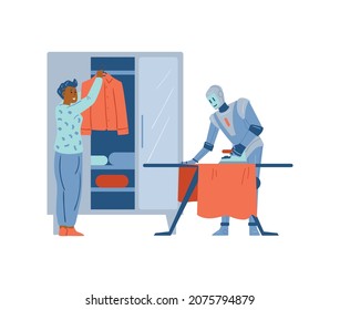 Büroboter-Assistent zum Bügeln von Kleidung, flache Vektorgrafik einzeln auf weißem Hintergrund. Futuristische Fantasy-Szene mit einem Roboter hilft um das Haus herum.