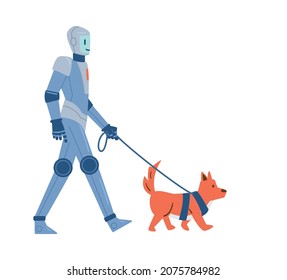 Household robot assistant walking with dog, flat vector illustration isolated on white background. Futuristic fantasy scene with robot helping with pets care.