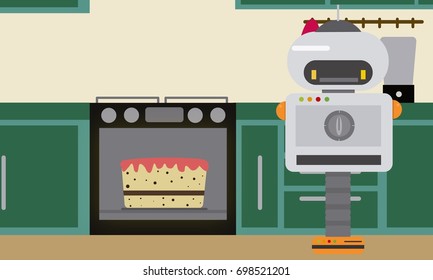 Household robot baking cake at kitchen. Personal robot chef futuristic concept illustration vector.
