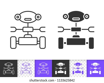 Household robot black linear and silhouette icons. Thin line sign of android. Toy outline pictogram isolated on white, purple transparent backdrop. Vector Icon shape. Transformer simple symbol closeup