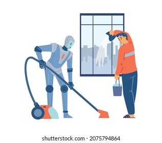 Household robot helping with house cleaning, flat vector illustration isolated on white background. Fantasy scene with robot assistant vacuuming the floor.